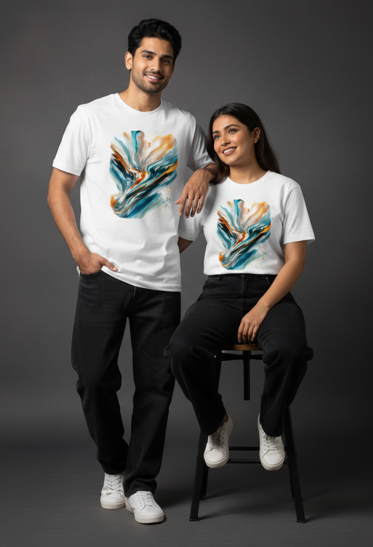 Two people wearing white t-shirts with abstract designs on a gray background