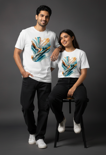 Two people wearing white t-shirts with abstract designs on a gray background