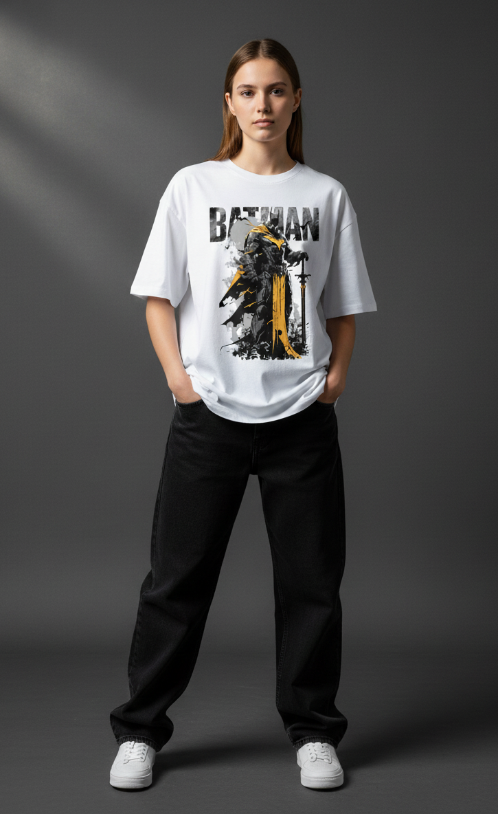 Person wearing a Batman Oversized Graphic Tee white t-shirt with a graphic design on a gray background