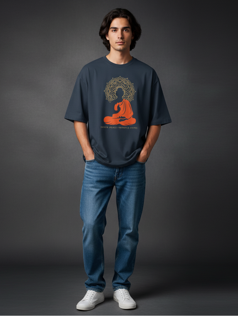 Person wearing a blue t-shirt with a Buddha graphic on a dark gray background