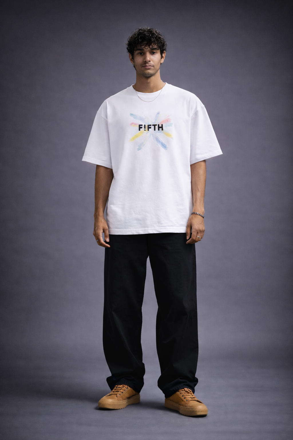 Person wearing a white t-shirt with 'FIFTH' logo on a gray background