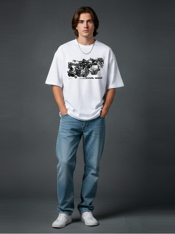 Person wearing a Avengers Civil War inspired white t-shirt with a graphic design and blue jeans on a gray background