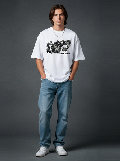 Person wearing a Avengers Civil War inspired white t-shirt with a graphic design and blue jeans on a gray background