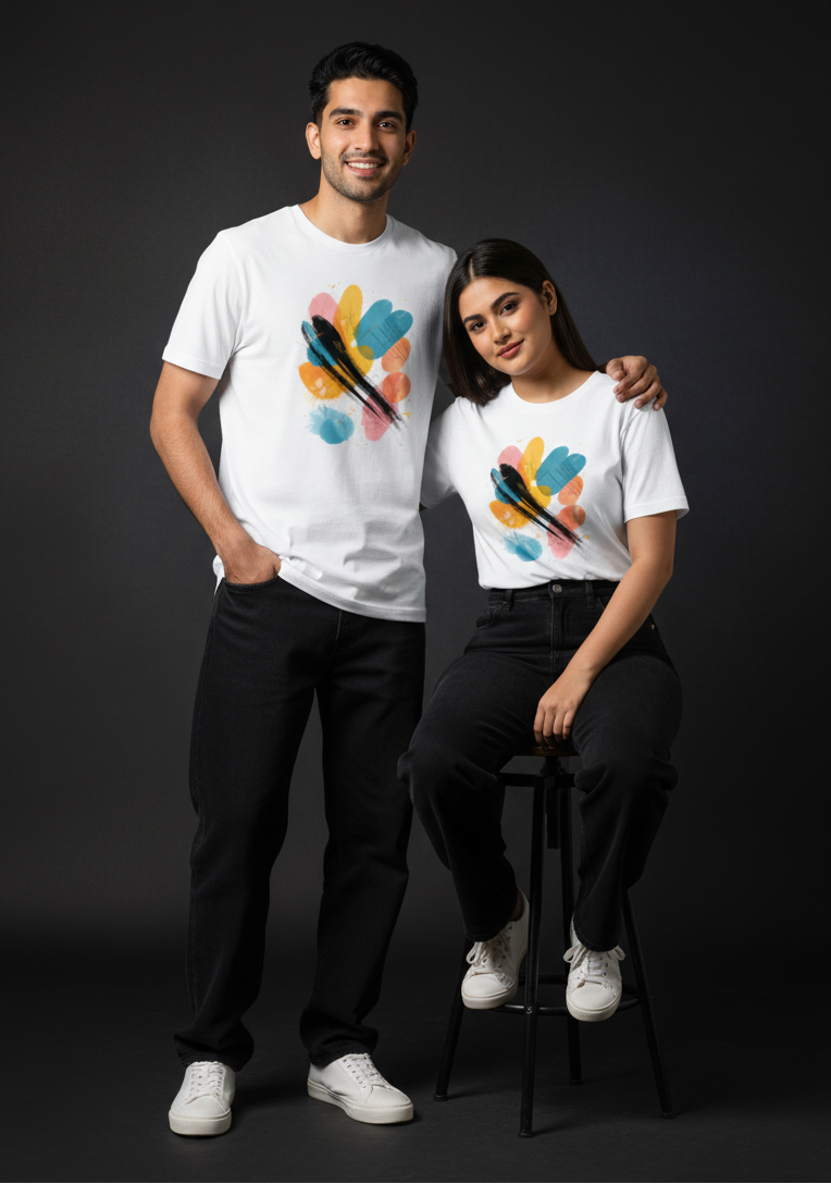 Couple wearing white t-shirts with colorful designs on a dark background. Couple tshirt
