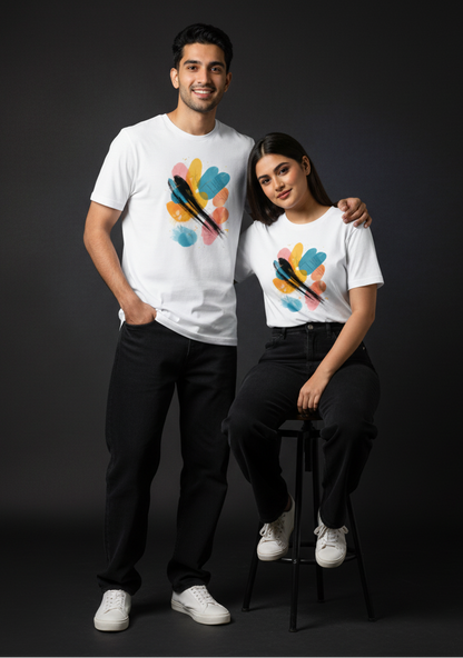 Couple wearing white t-shirts with colorful designs on a dark background. Couple tshirt