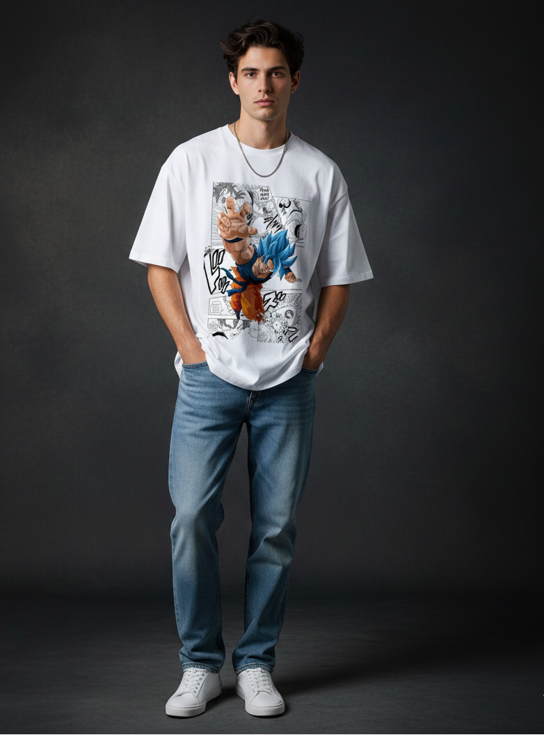 Person wearing a graphic t-shirt and blue jeans on a dark background