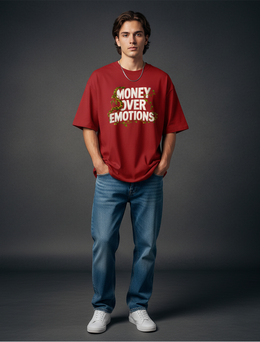 Person wearing a red t-shirt with 'Money Over Emotions' text on a dark background