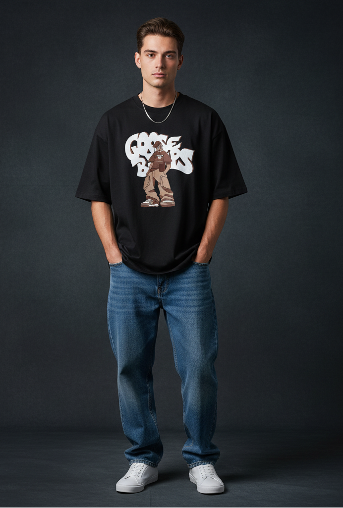 Person wearing a black t-shirt with a graphic design and blue jeans on a dark background
