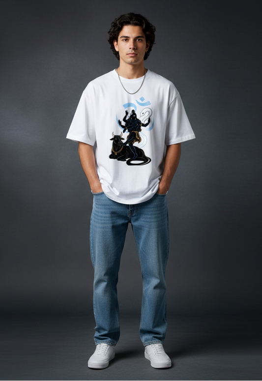 Person wearing a white t-shirt with a graphic design on a dark background