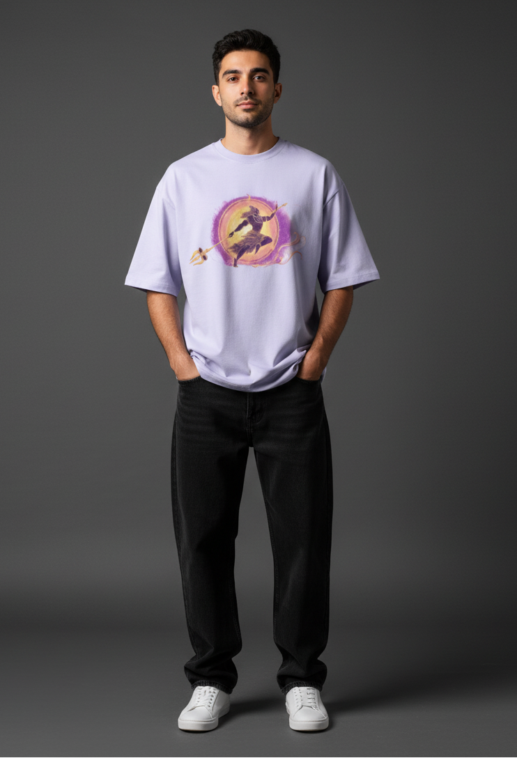 Man wearing a shiva inspired light purple t-shirt with a graphic design on a gray background