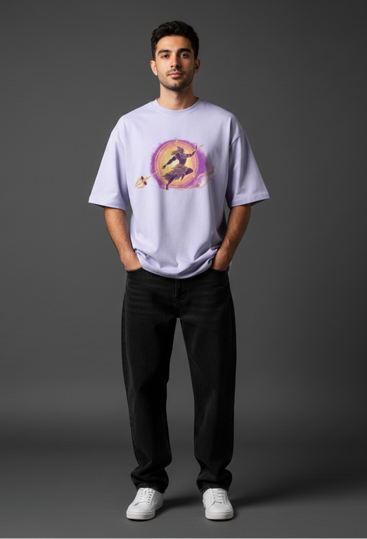 Man wearing a shiva inspired light purple t-shirt with a graphic design on a gray background