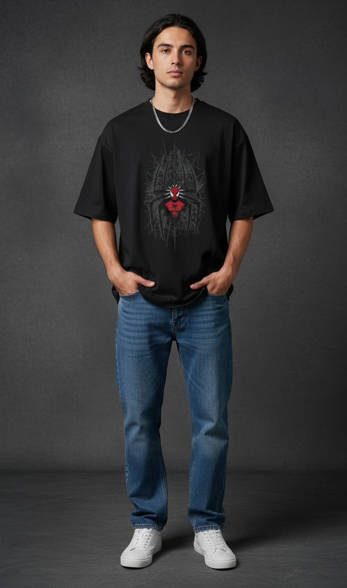 Person wearing a Spiderman inspired  black t-shirt with a graphic design and blue jeans on a dark background