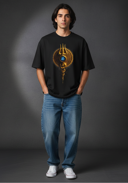 Person wearing a black t-shirt with a graphic design on a dark background
