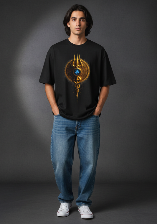 Person wearing a black t-shirt with a graphic design on a dark background