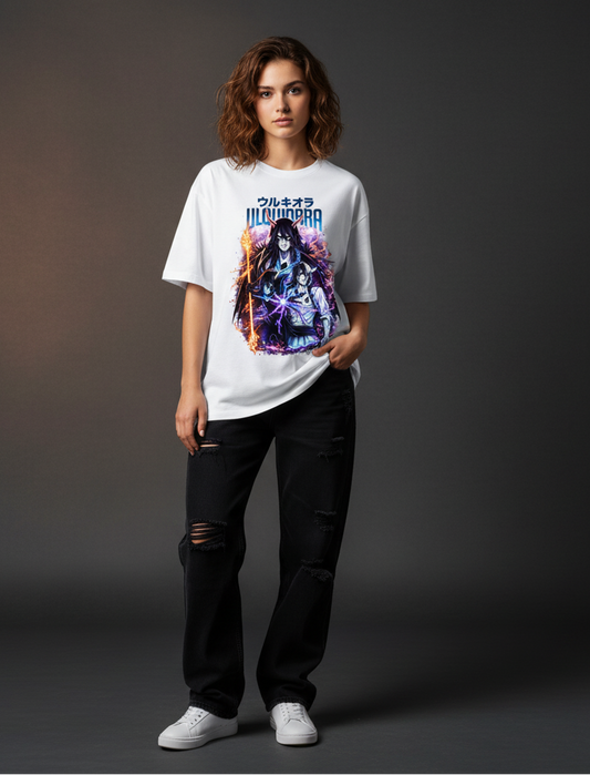 Person wearing a white Ulquiorra inspired  t-shirt with a colorful graphic design on a gray background